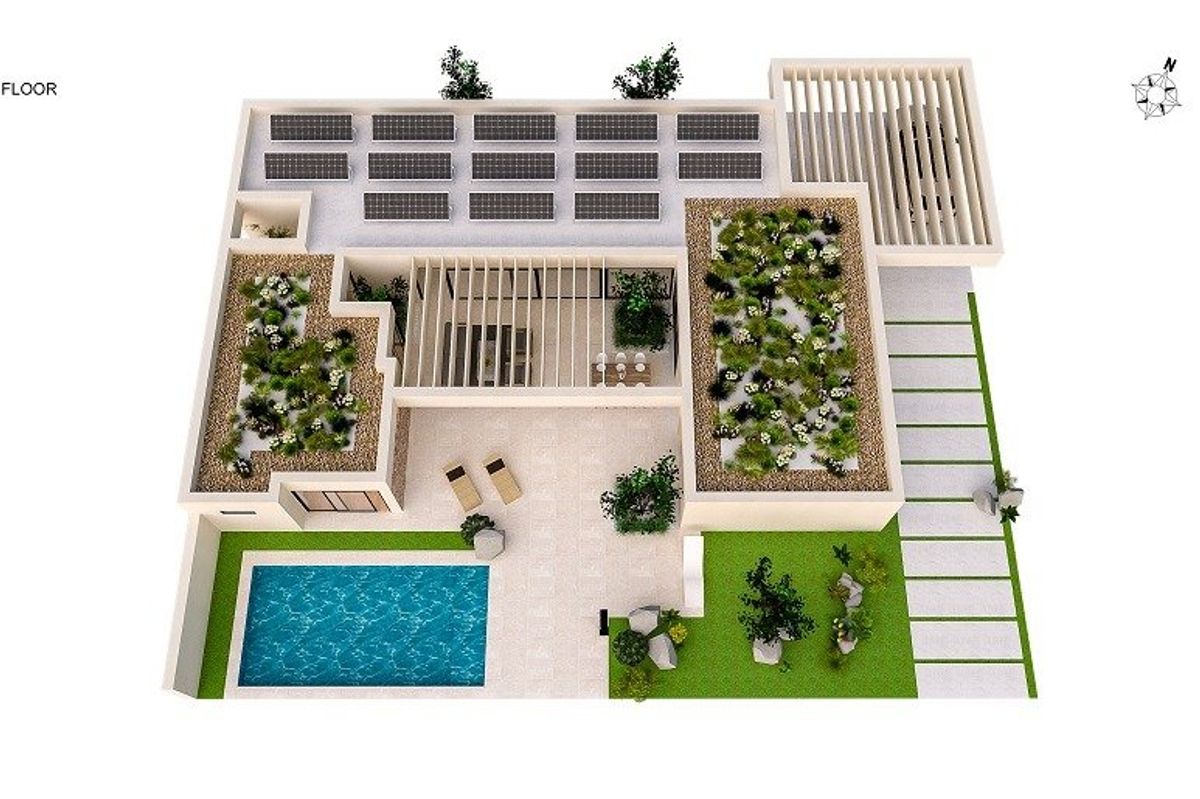 Luchtfoto van de indeling van de villa met dakterras en zwembad in Baños y Mendigo, Spanje.