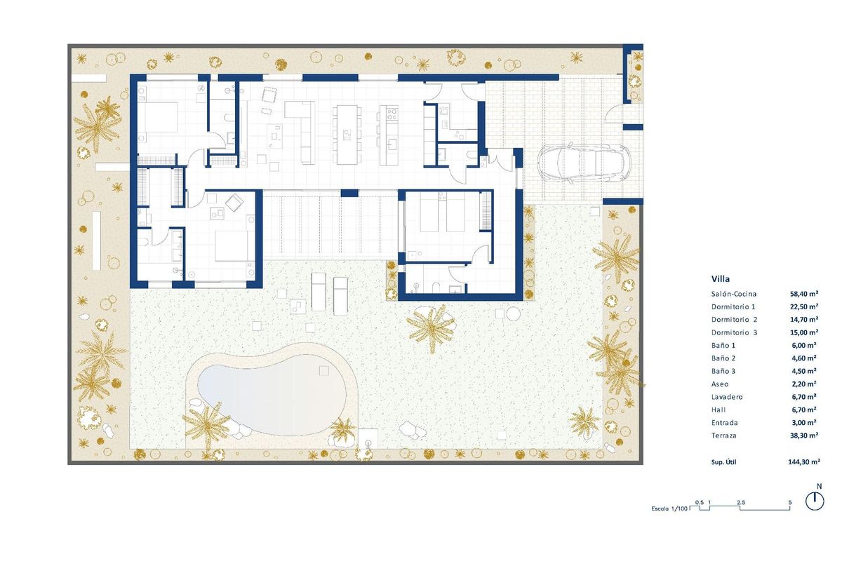 Plattegrond van een 3-slaapkamer villa in Baños y Mendigo, gedetailleerde indeling die ruimte en designelementen toont.