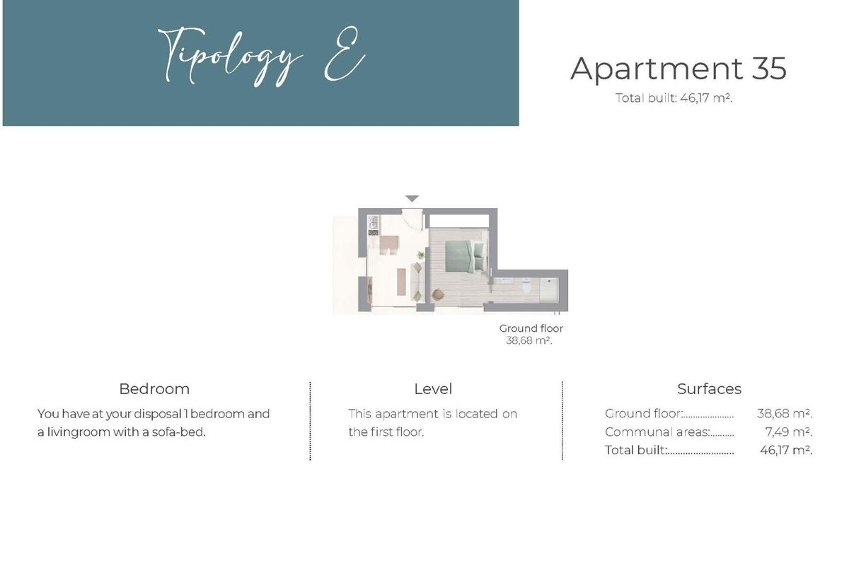 Plattegrond van een een-slaapkamer appartement met woonkamer in appartementencomplex in Marbella, die indeling weergeeft.