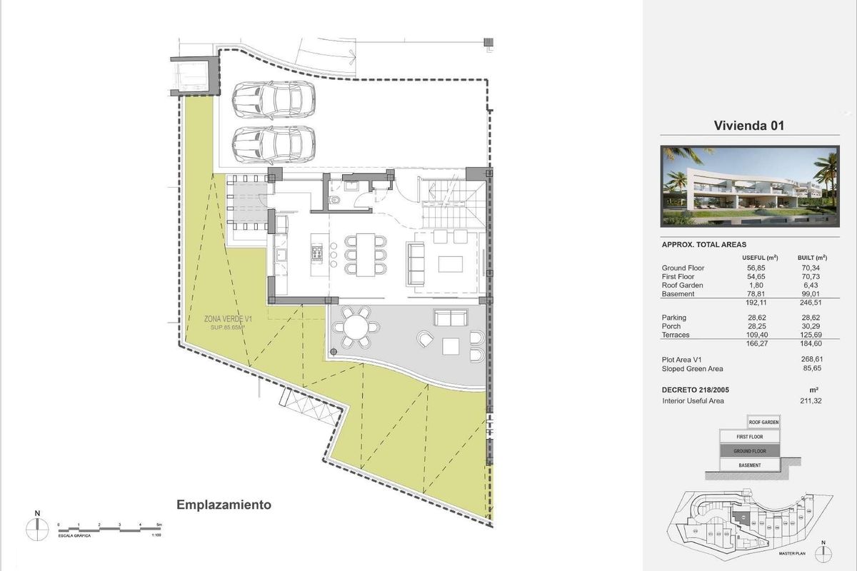 Plattegrond van een 3-slaapkamer townhouse in Mijas, Costa del Sol, met detailindeling van kamers en tuin.