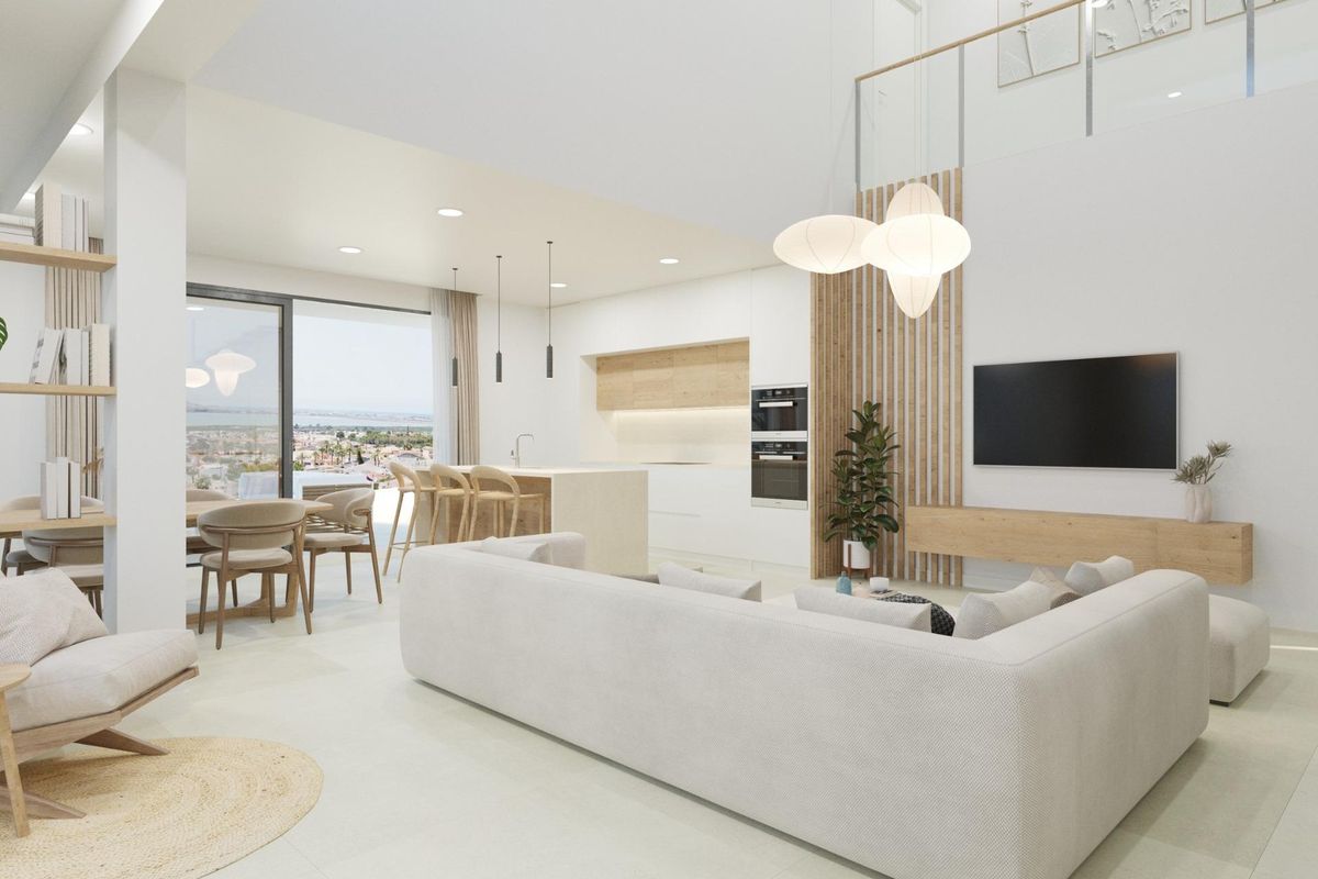 Elegante woonkamer met gezellige zitplaatsen en uitzicht in de villa, Ciudad Quesada, Costa Blanca Zuid.