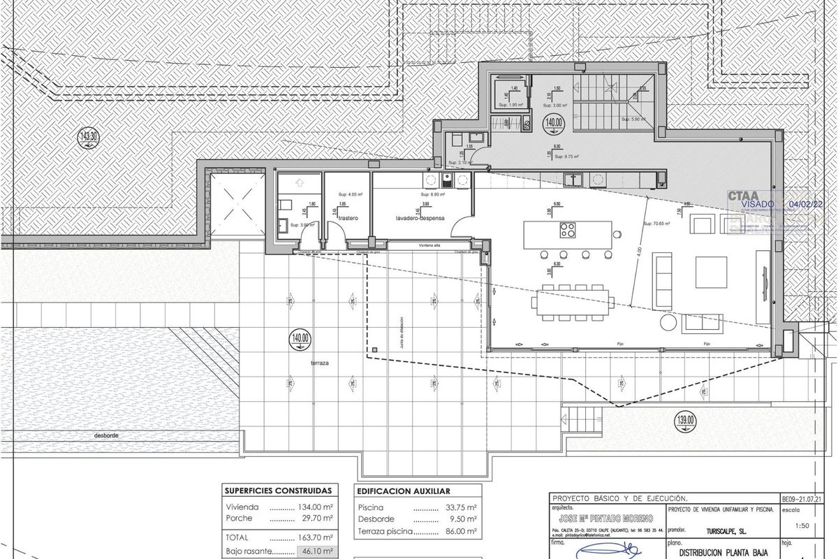 Indelingsplan voor de keuken en eetruimtes van de villa in Benissa, Spanje.