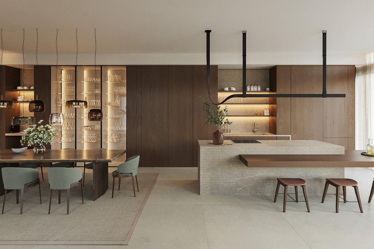 Hedendaagse keuken in villa met eetruimte, toont elegante inrichting en moderne apparatuur.