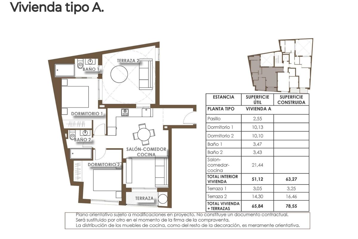 Plattegrond van een 2-slaapkamer appartement in Torrevieja, Costa Blanca Zuid, met indeling en kamerafmetingen.
