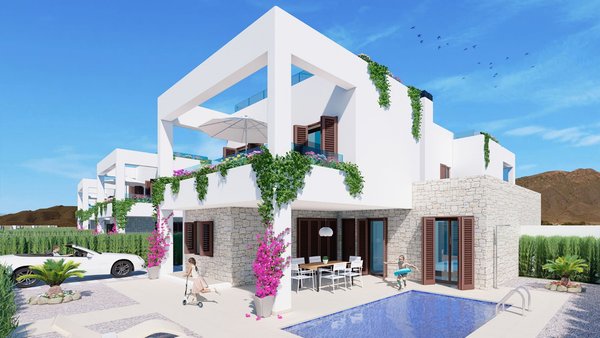 Moderne witte tweeverdiepingenvilla met stenen basis, groene planten en privézwembad in Mar de Pulpi, Costa de Almeria