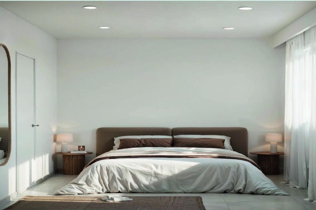 Uitnodigende slaapkamer met zachte kleuren en modern decor in het appartement met één slaapkamer, Torrevieja.