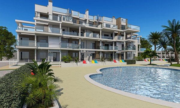 Exterior of a modern apartment building with a pool in Denia, Costa Blanca North. Colorful chairs surround the pool area near palm trees.