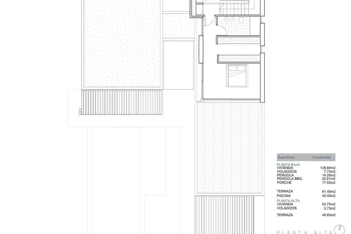 Plattegrond van de bovenverdieping van een moderne villa met 3 slaapkamers in Jávea, Costa Blanca, met extra ruimtes.