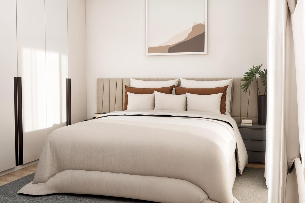 Heldere en uitnodigende slaapkamer met moderne inrichting in een 2-slaapkamer appartement in Finestrat, Costa Blanca.