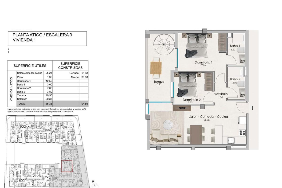 Vloerplan van de indeling van een penthouse met 2 slaapkamers, met kamers en terras in Santa Pola.