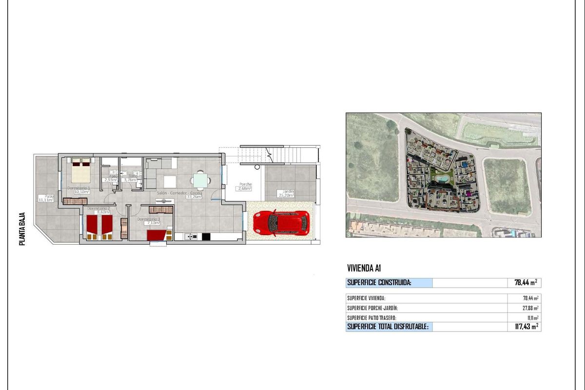 Plattegrond van het 3-slaapkamer-appartement op de begane grond met indeling en afmetingen in Cox, Costa Blanca Zuid.