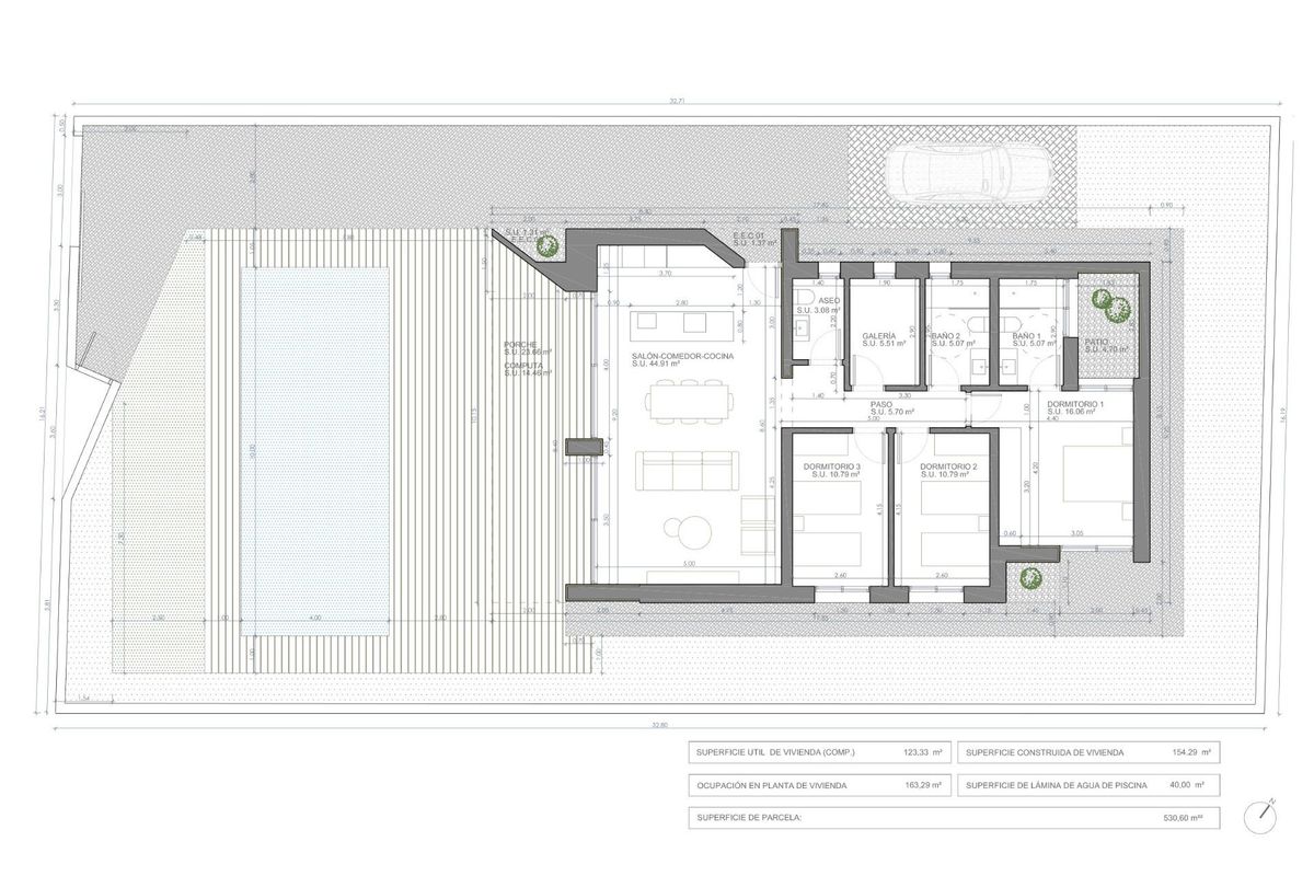 Plattegrond van een 3-slaapkamer villa in Aspe, Costa Blanca Zuid, met details van de indeling en afmetingen.