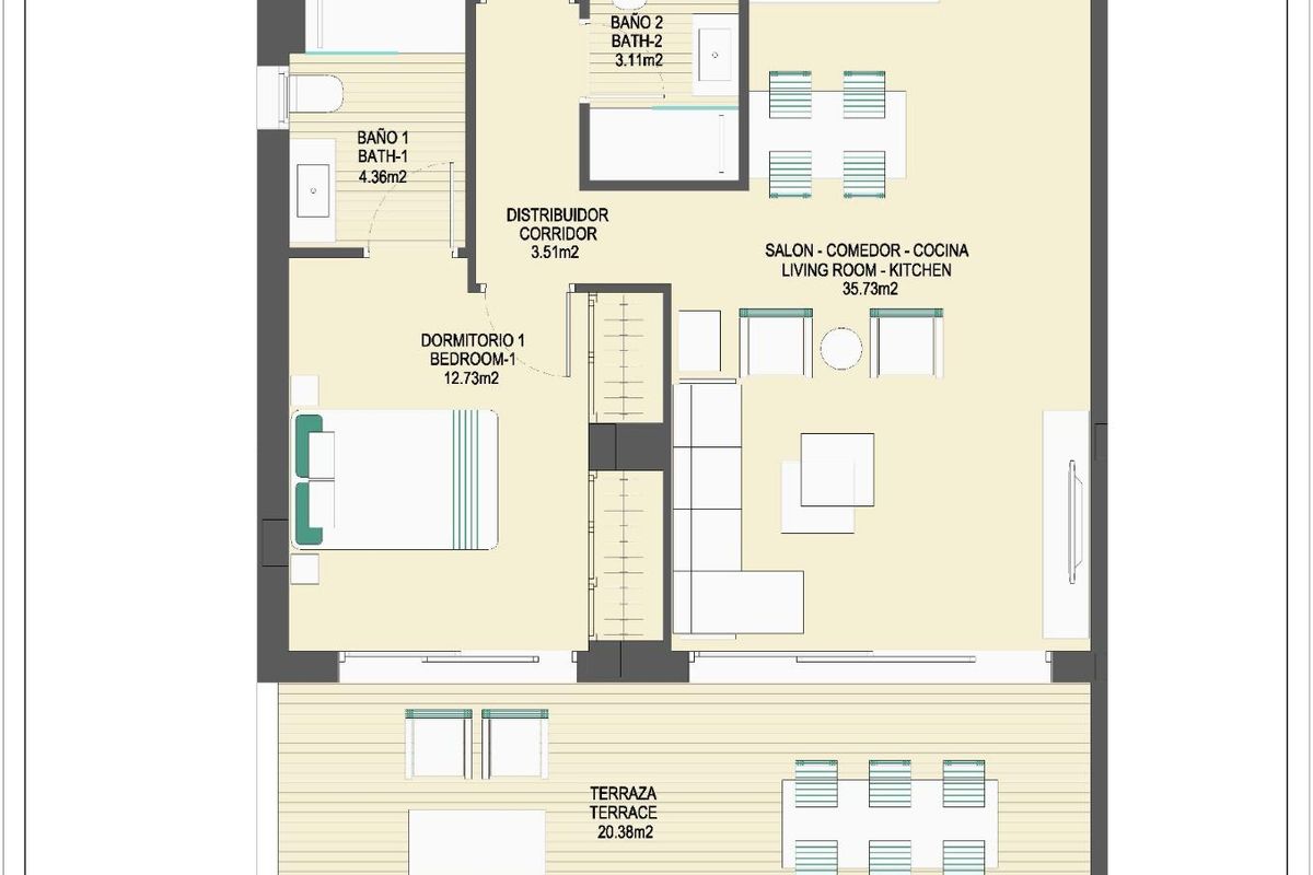 Gedetailleerde plattegrond van een 2-slaapkamer appartement in Casares, Costa del Sol, ontworpen voor comfortabel wonen.