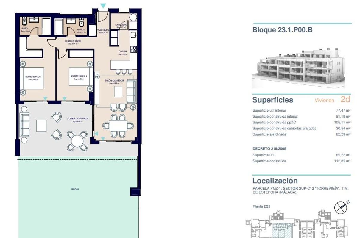 Plattegrond van een 2-slaapkamer appartement in een modern complex in Estepona, Costa del Sol.