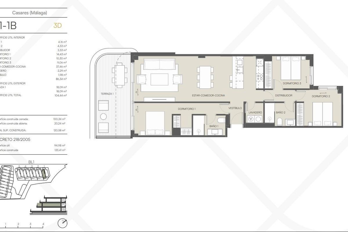 Plattegrond van een modern appartement met 3 slaapkamers in Casares, Costa del Sol, met details van woonruimtes.