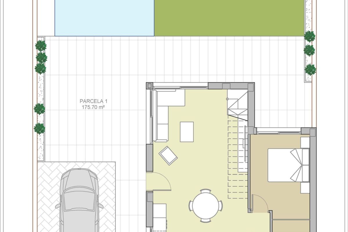 Plattegrond van een 3-slaapkamer villa in Orihuela, Costa Blanca, die indeling met zwembad en tuin toont.