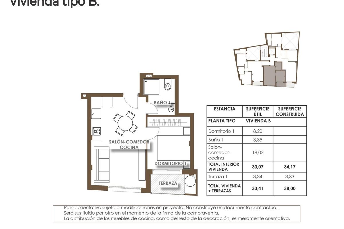 Plattegrond van een 1-slaapkamer appartement in Torrevieja, Costa Blanca Zuid, met woonruimte en terras.