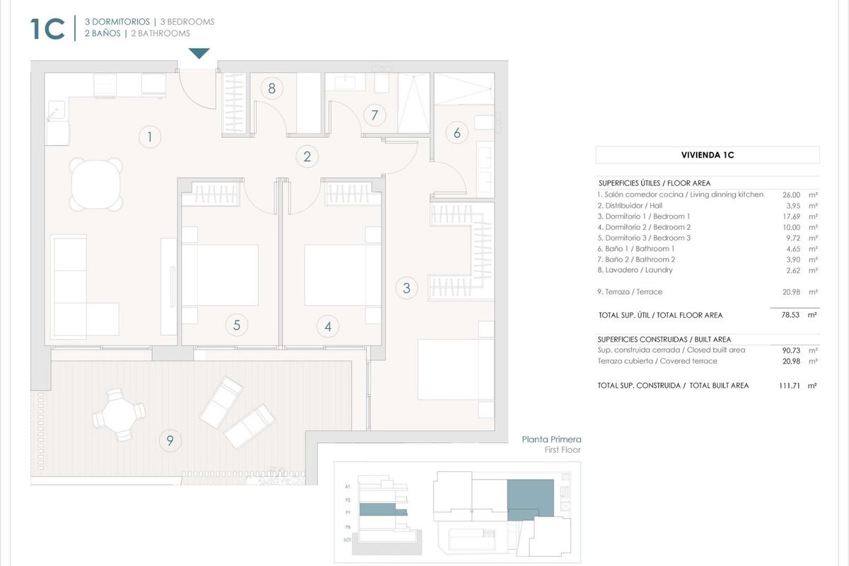 Plattegrond van een 3-slaapkamer appartement in Benijofar, met indeling en afmetingen.