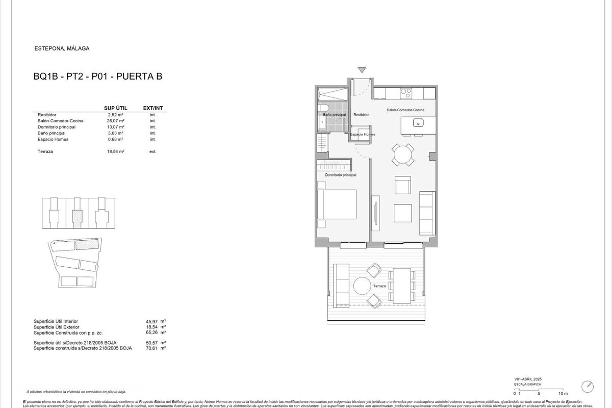 Plattegrond van een 1-slaapkamer appartement in Estepona, Costa del Sol, met woonkamer en terrasindeling.