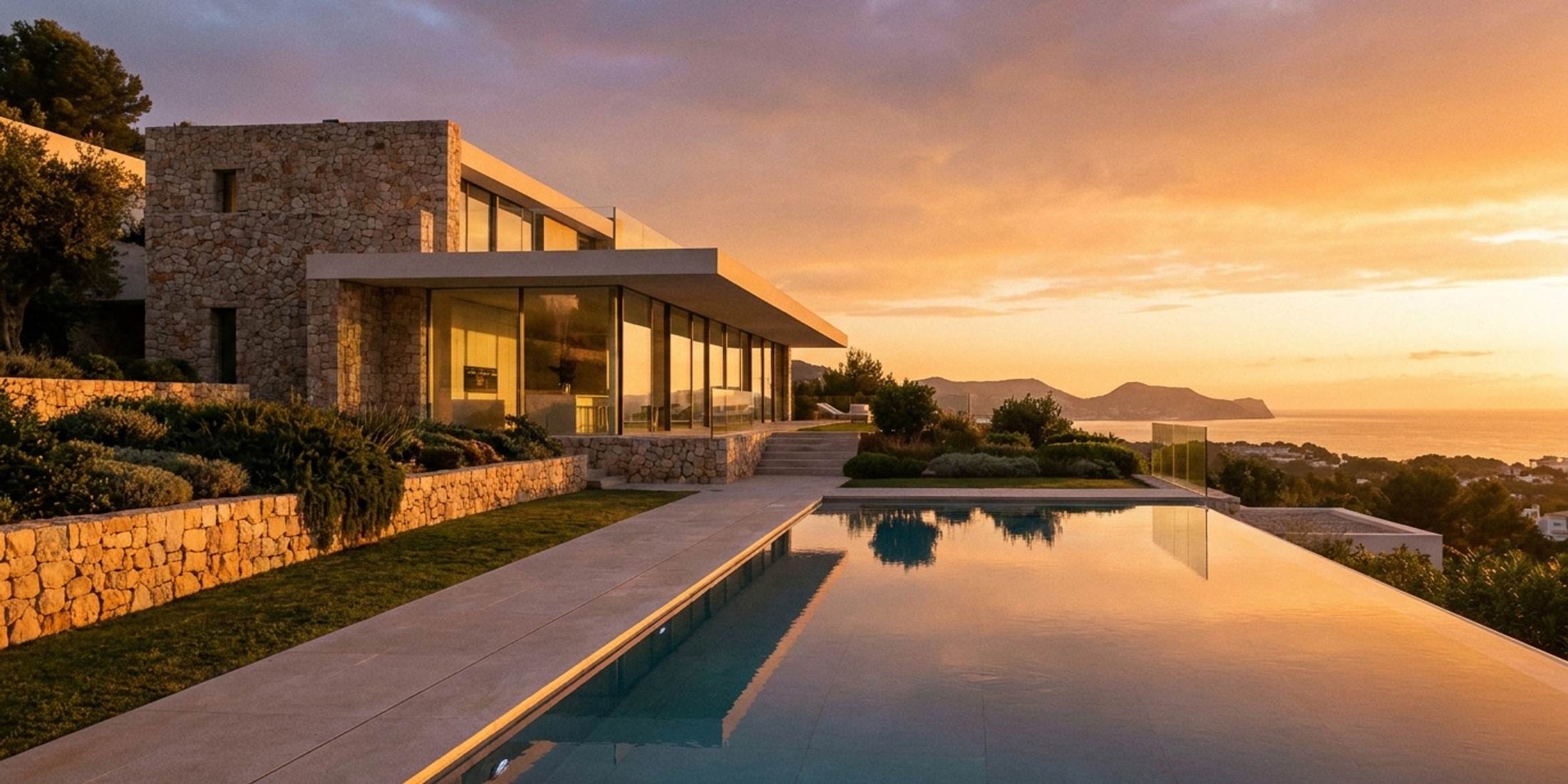 Moderne Luxus-Neubauvilla in Alicante mit privatem Pool bei Sonnenuntergang
