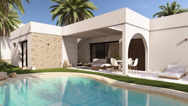 Exterior view of a modern 3-bed villa in Baños y Mendigo, Costa Calida, featuring a pool and terrace.