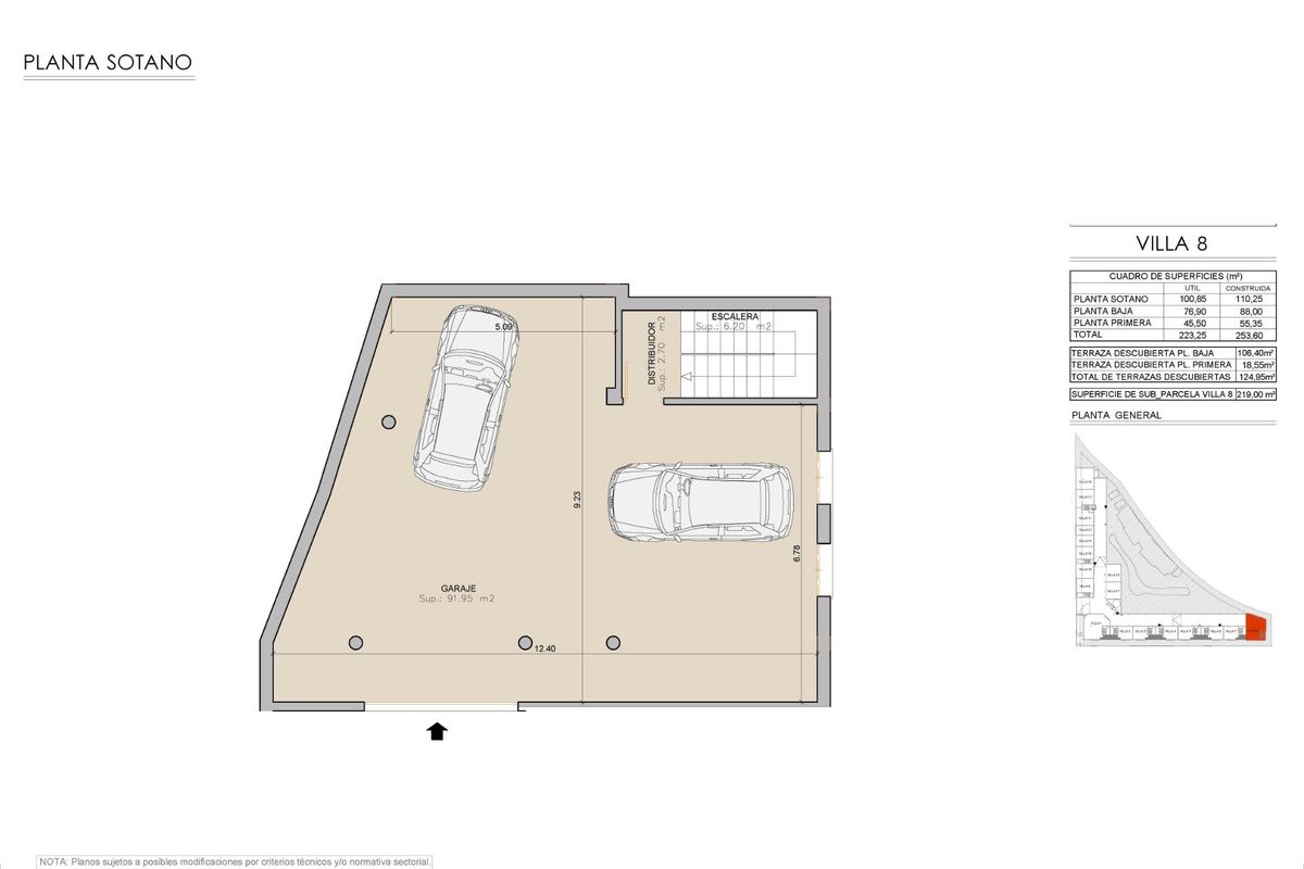 Plattegrond van de kelder van de villa met parkeer- en utiliteitsruimte in San Juan de los Terreros.