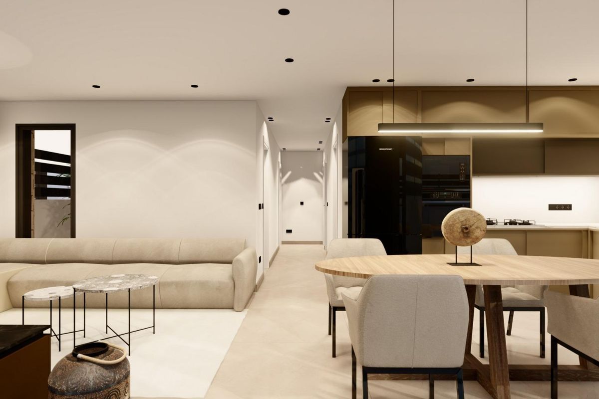 Gezellige eet- en keukenopstelling in een villa in Benijofar, met moderne ontwerpen en functionaliteit.