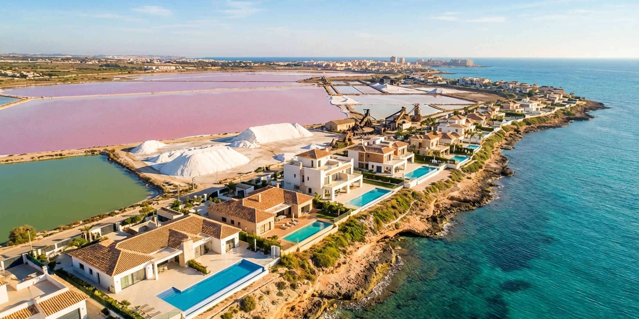 Aerial view of Torrevieja coastline and salt lakes