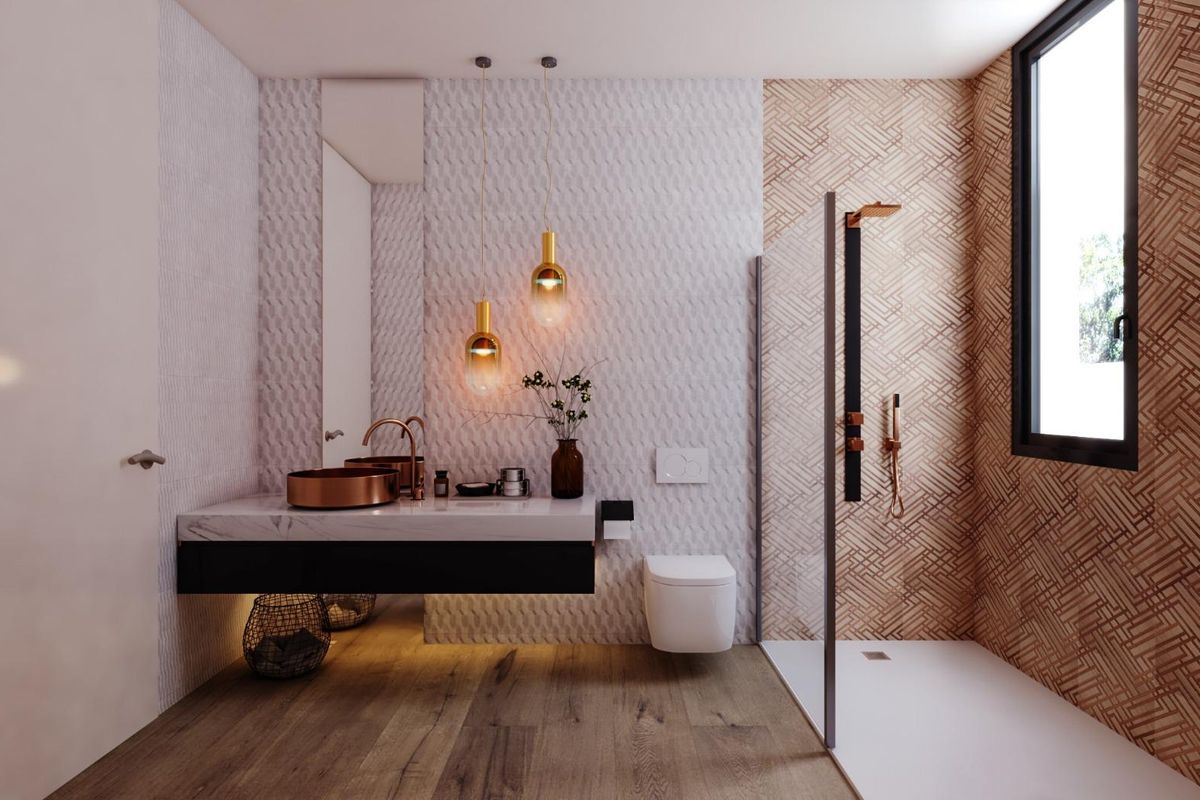 Chic badkamer in villa in Alfas del Pi, met moderne armaturen en stijlvolle tegels.