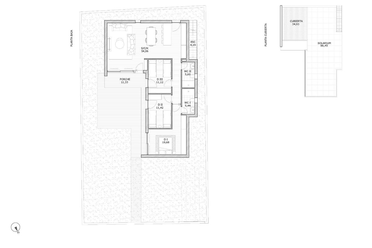 Plattegrond van de 3-slaapkamer villa in San Miguel de Salinas, die de indeling van de woonruimtes toont.