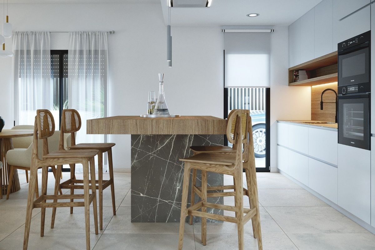 Open keuken met eiland en moderne apparaten in een 2-slaapkamer villa in het pittoreske Baños y Mendigo, Costa Calida.