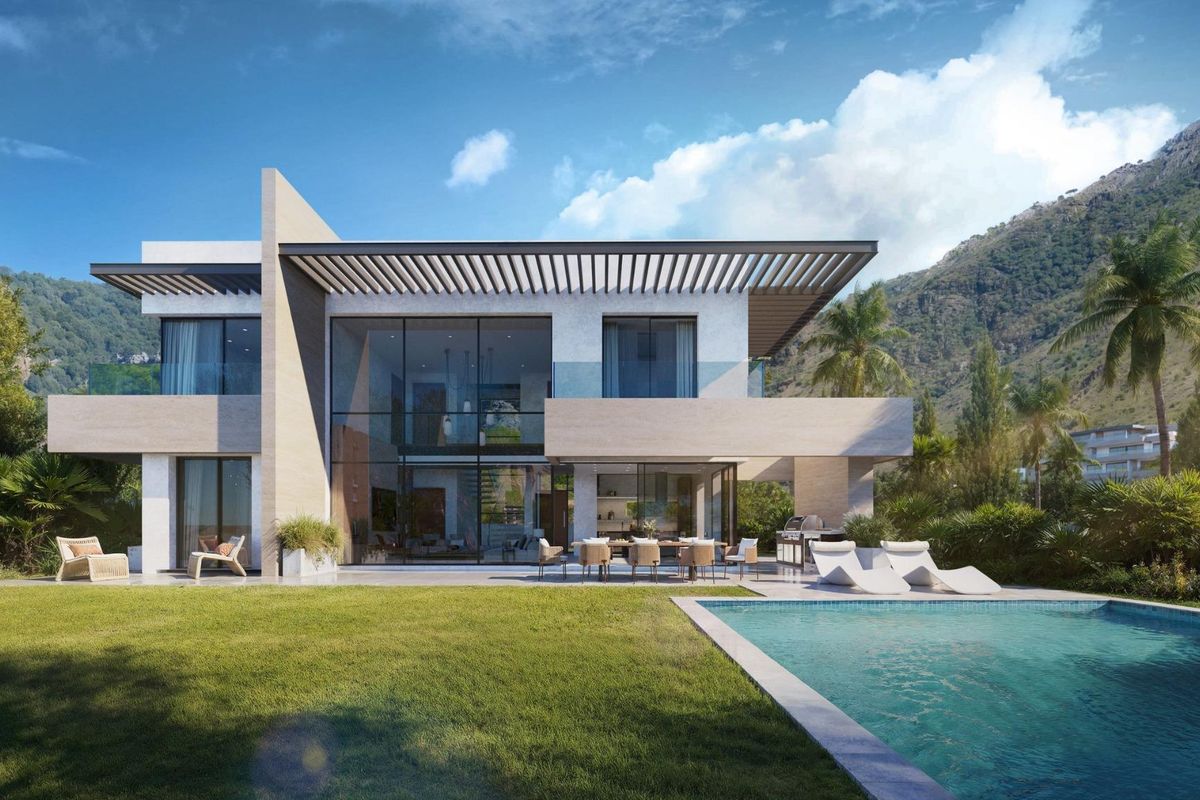 Elegante moderne villa in Mijas met een zwembad, met hedendaagse ontwerpen en weelderig groen.
