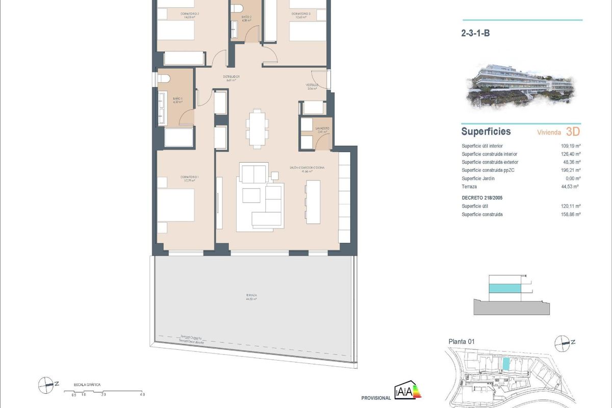 Plattegrond van een appartement met 3 slaapkamers die de indeling in Estepona toont, geschikt voor gezinnen.