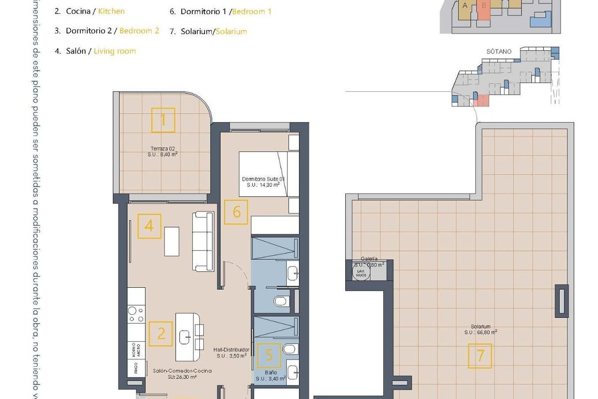 Plattegrond van het 2-slaapkamer penthouse in Los Alcazares, met ruime woonruimtes.