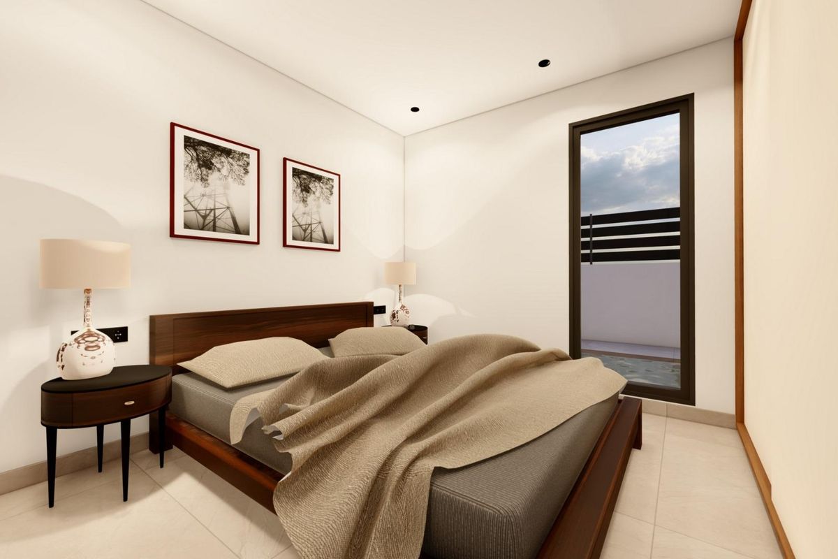 Elegante master slaapkamer met een tweepersoonsbed en zachte verlichting in een 3-slaapkamer villa in Benijofar, Spanje.