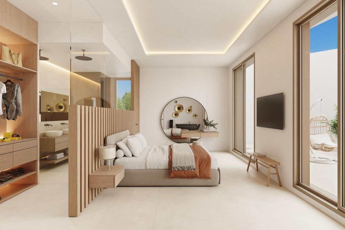 Luxe master slaapkamer met modern ontwerp en natuurlijk licht in Algorfa, Costa Blanca Zuid.