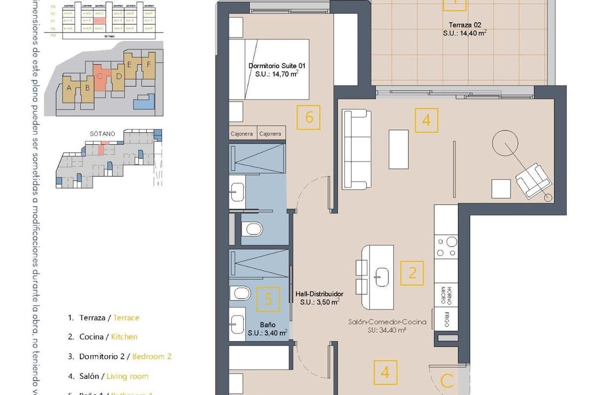 Plattegrond van een 3-slaapkamerappartement in Los Alcazares, met indelingen voor woonruimtes en kamers.