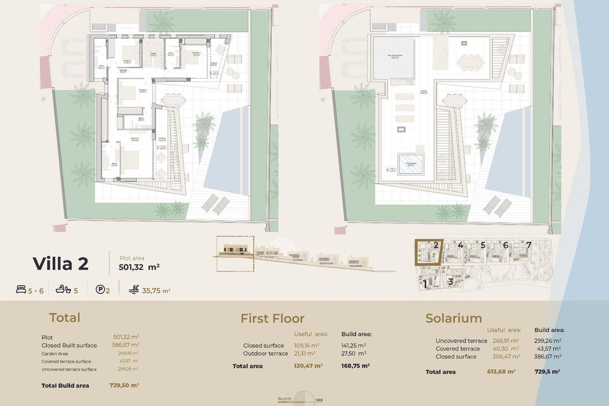 Uitgebreide plattegrondlay-out die de twee verdiepingen en solarium van de villa in Mijas toont.
