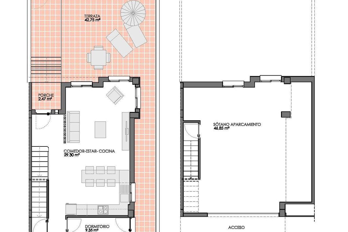 Gedetailleerde plattegrond van de begane grond en kelderniveaus van een 4-slaapkamer bungalow in Bigastro, Costa Blanca Zuid.