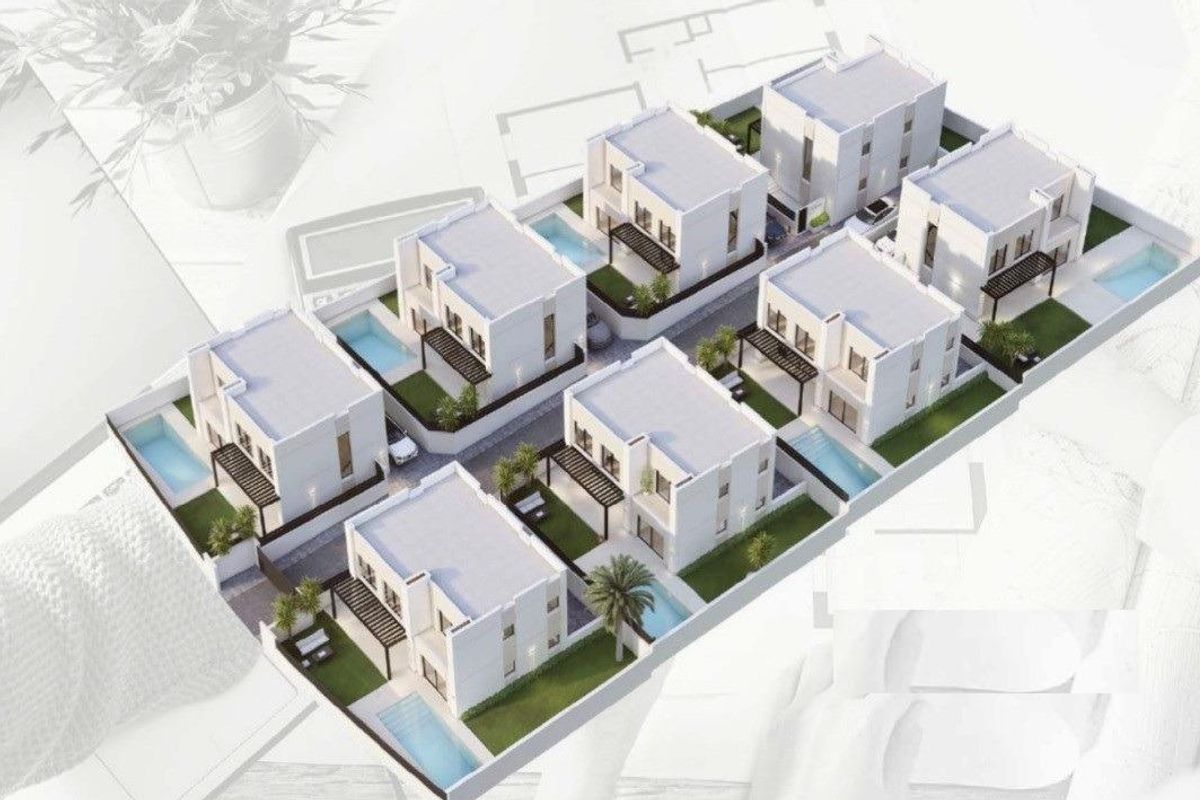 3D-indeling van een villa complex in San Juan, Alicante, met tuinen en zwembaden tussen de eenheden.
