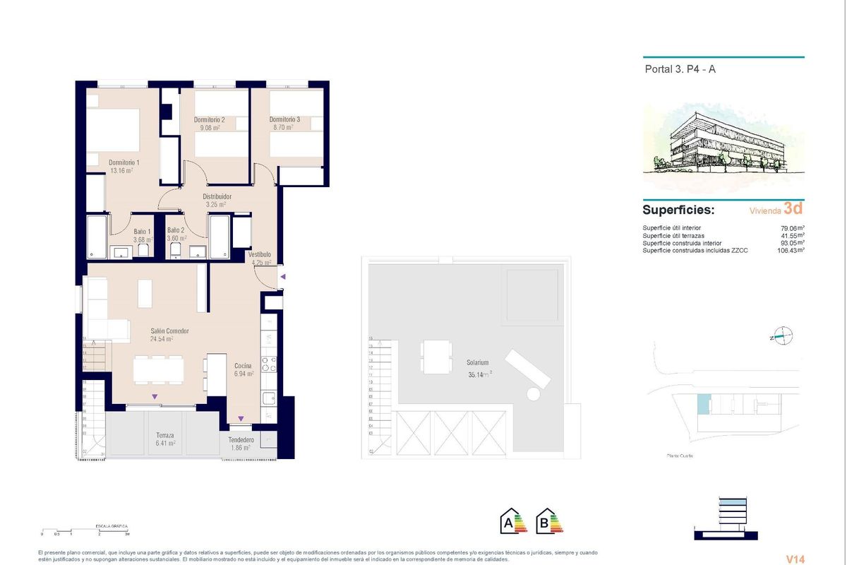Gedetailleerde plattegrond van een 3-slaapkamerpenthouse, illustrerend de indeling en ruimtes in Alicante.