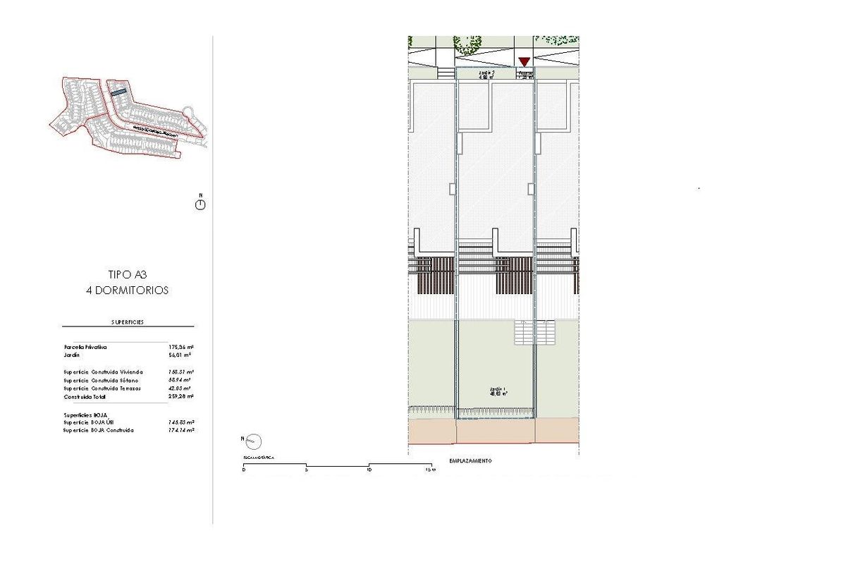 Bovenaanzicht van de indeling van het pand met de vier-slaapkamer townhouse in Mijas.