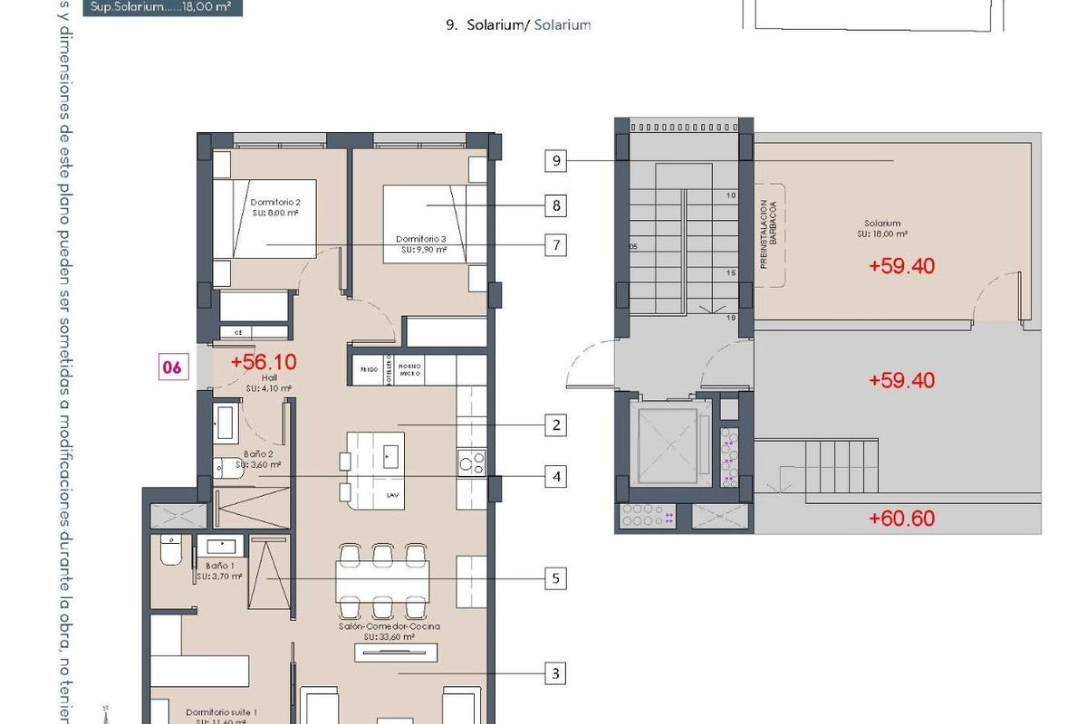 Plattegrond van een 3-slaapkamer penthouse in Benijofar, met details van keuken, woonkamer en terrasindeling.