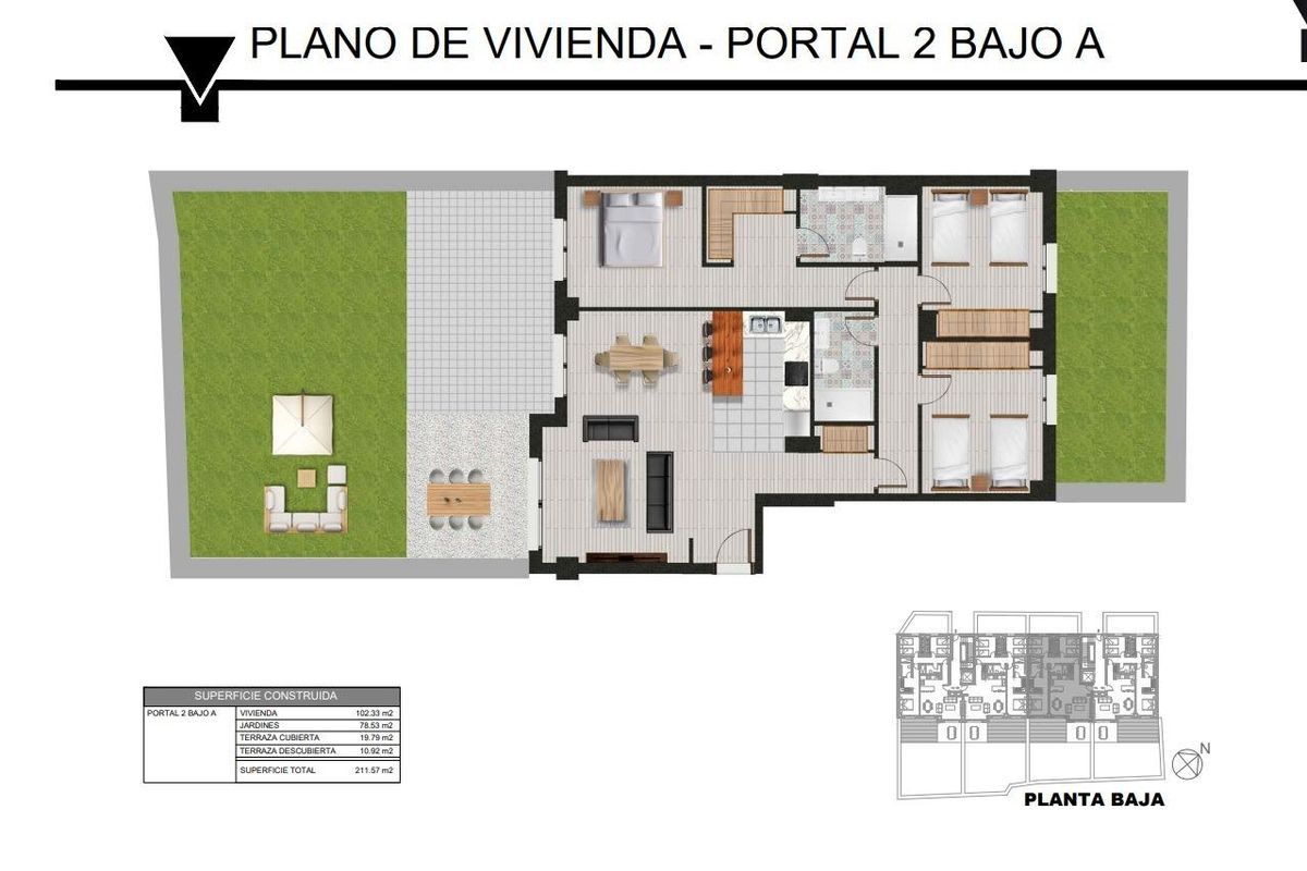Plattegrond van een 3-slaapkamer appartement op de begane grond in Casares, met indeling en ruimte weergegeven.