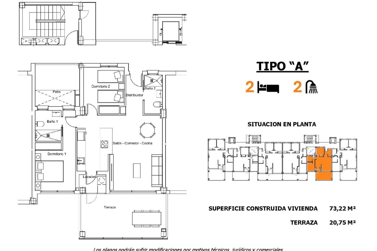 Plattegrond van een 2-slaapkamer appartement met kamers en terras, San Miguel de Salinas.