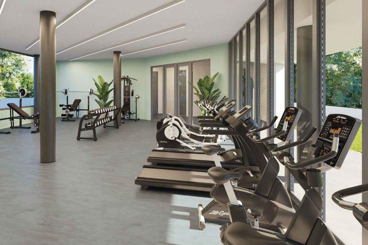 Moderne fitnessruimte in de gemeenschap van een gelijkvloers appartement in Estepona, met fitnessapparatuur.