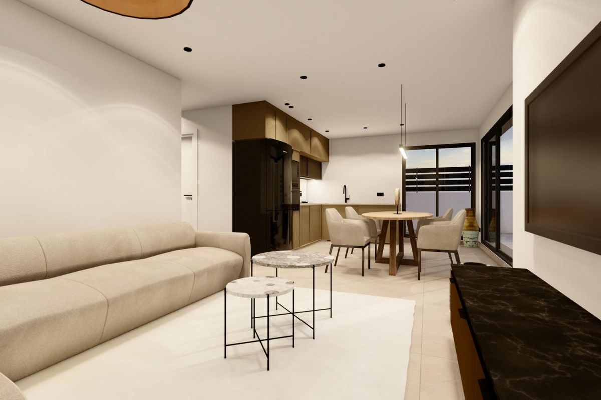 Ruimtelijke woonkamer in een 3-slaapkamer villa, met modern meubilair en toegang tot een terras in Benijofar.