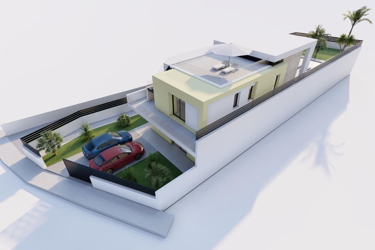 Luchtfoto van een villa omgeven door tuinen en geparkeerde auto's in Torrevieja, Costa Blanca Zuid.