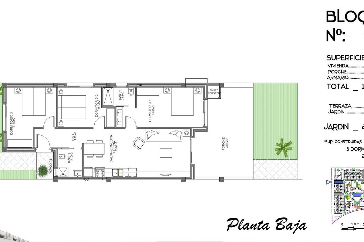 Plattegrond van het appartement op de begane grond met lay-outdetails en afmetingen in Guardamar del Segura.