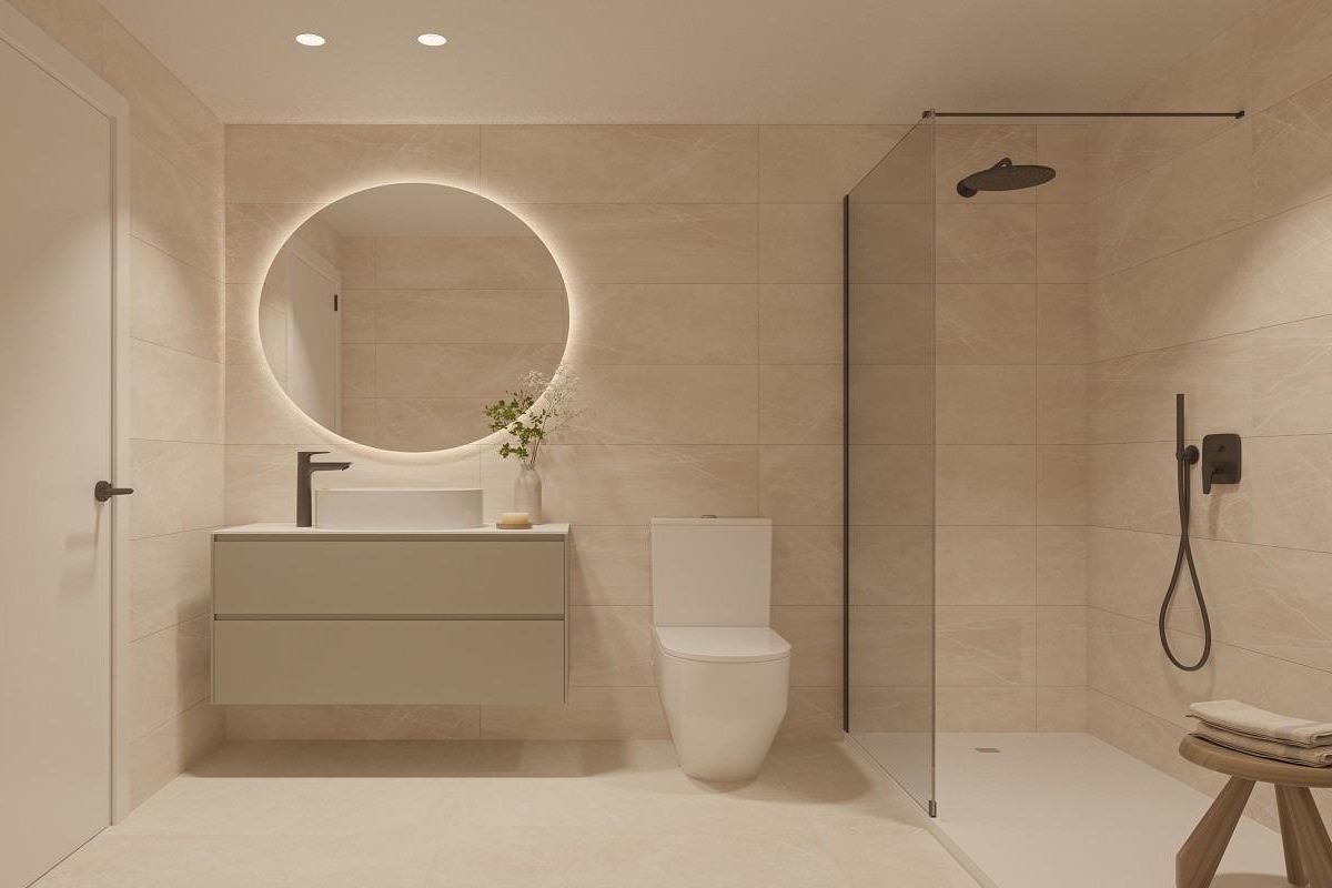 Stijlvolle badkamer met moderne douche en wastafel in een 1-slaapkamer appartement op de begane grond in Mijas, Costa del Sol.